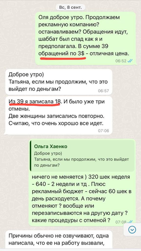 Скриншот отчёта: 39 обращений, 18 записей — часть кейса 18 клиентов за неделю